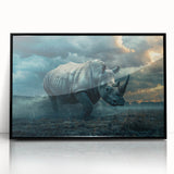 Framed acrylic wall art showcasing a striking black rhinoceros design, perfect for wildlife enthusiasts. This piece adds a bold statement to any decor.