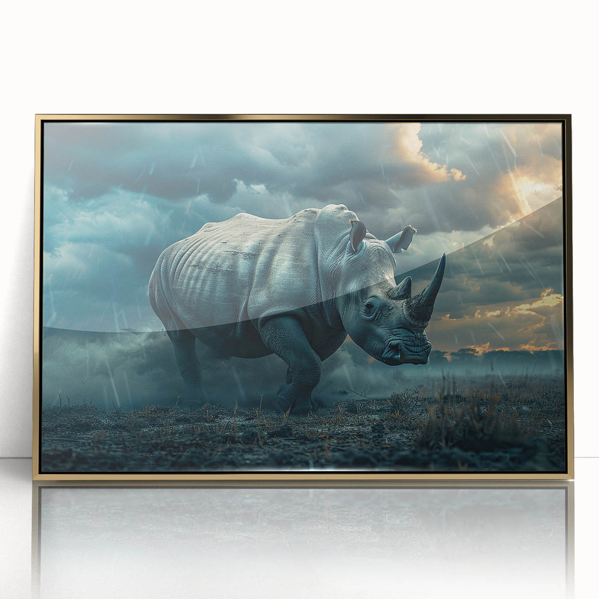 Framed wall art featuring a striking gold-accented rhinoceros design, showcasing intricate details and textures in a modern decor setting, perfect for wildlife enthusiasts.