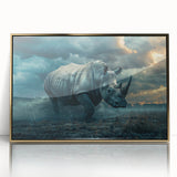Framed wall art featuring a striking gold-accented rhinoceros design, showcasing intricate details and textures in a modern decor setting, perfect for wildlife enthusiasts.