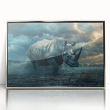 Framed wall art featuring a striking front view of a silver-accented rhinoceros design, perfect for wildlife enthusiasts and modern decor lovers.