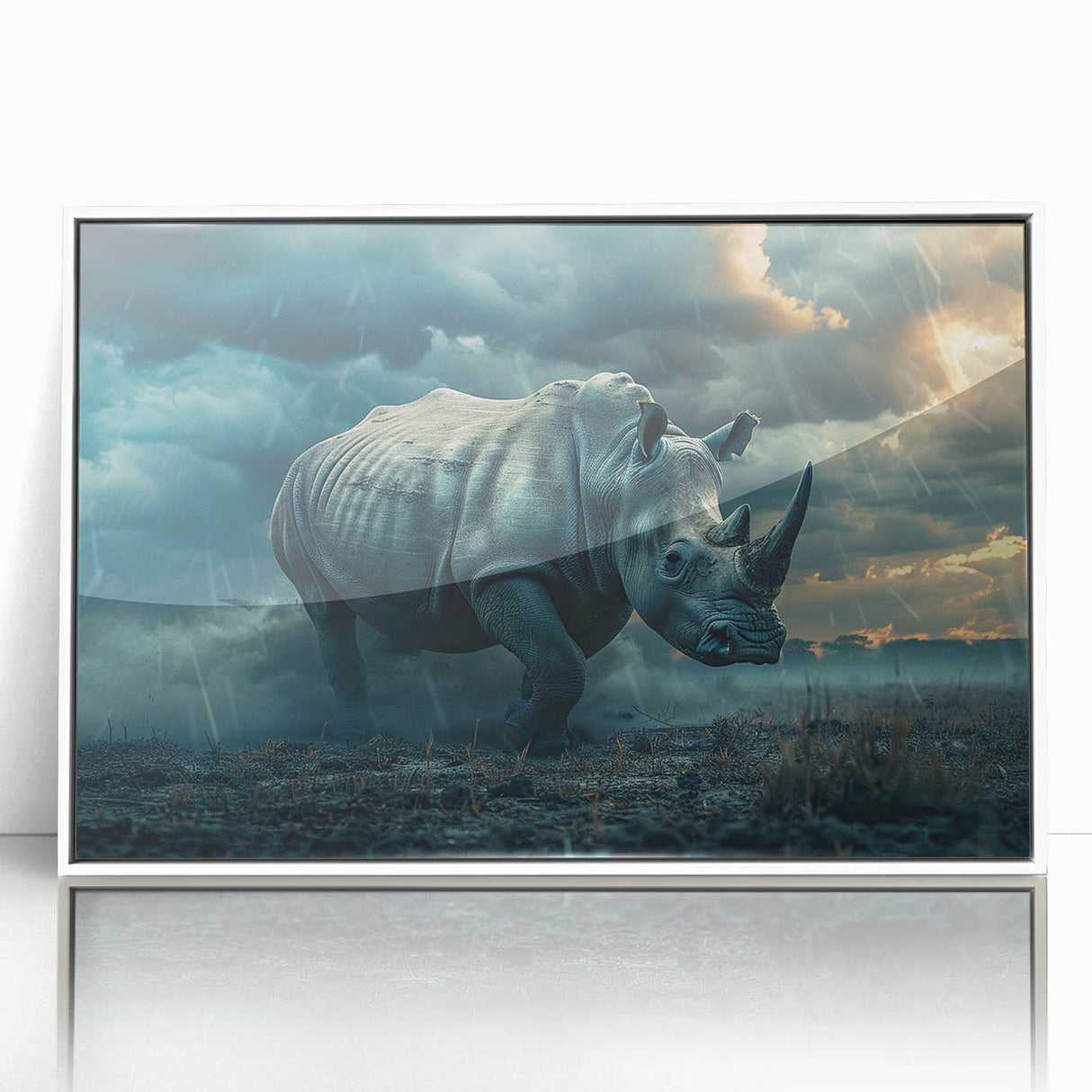 Framed wall art featuring a striking white-front view of a rhinoceros, showcasing intricate details and vibrant colors, ideal for wildlife enthusiasts and modern decor.