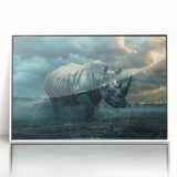 Framed wall art featuring a striking white-front view of a rhinoceros, showcasing intricate details and vibrant colors, ideal for wildlife enthusiasts and modern decor.