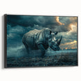 Bold black-framed canvas wall art depicting a side view of a rhinoceros against a minimalist background, perfect for wildlife enthusiasts and modern decor.