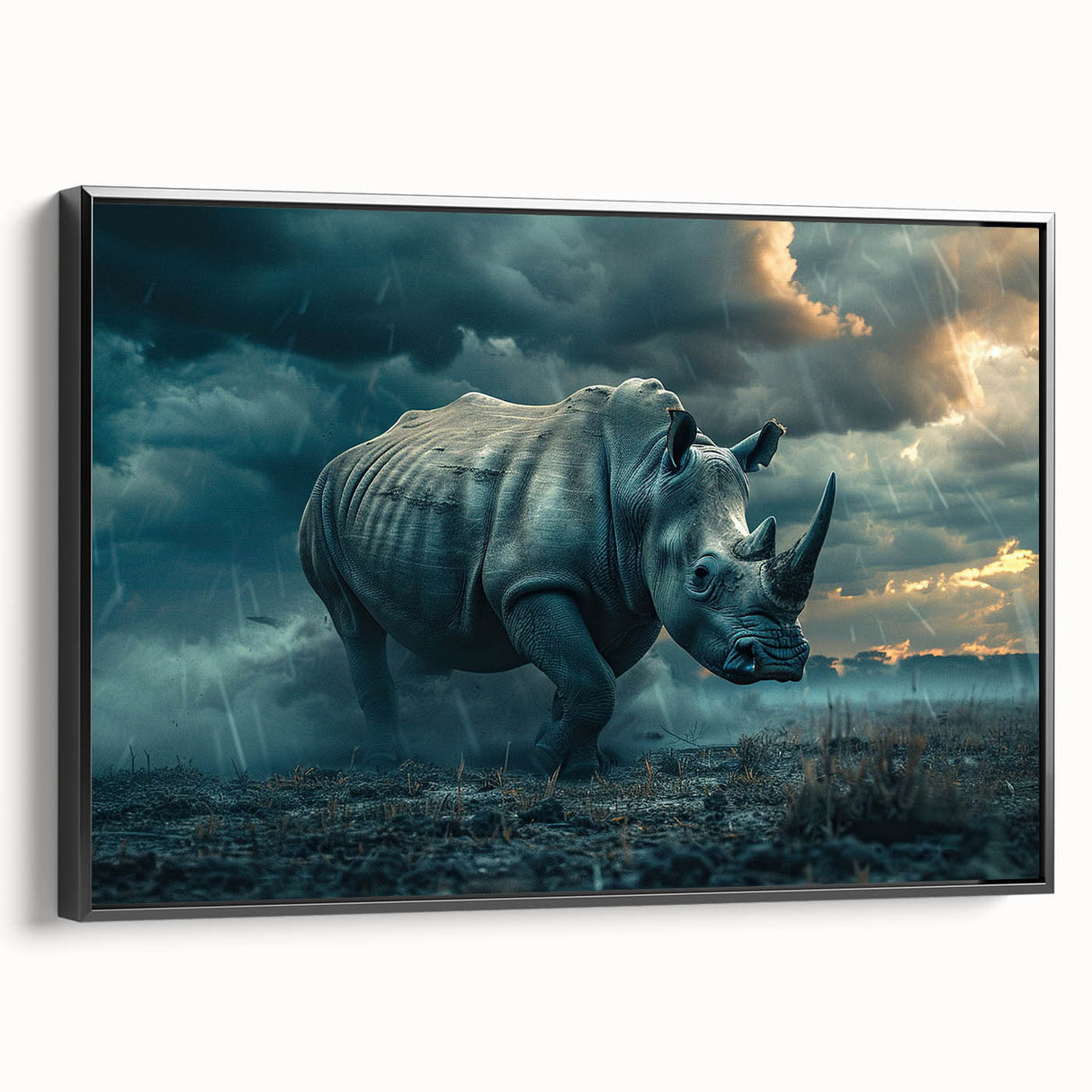 Bold black-framed canvas wall art depicting a side view of a rhinoceros against a minimalist background, perfect for wildlife enthusiasts and modern decor.