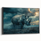 Bold black-framed canvas wall art depicting a side view of a rhinoceros against a minimalist background, perfect for wildlife enthusiasts and modern decor.