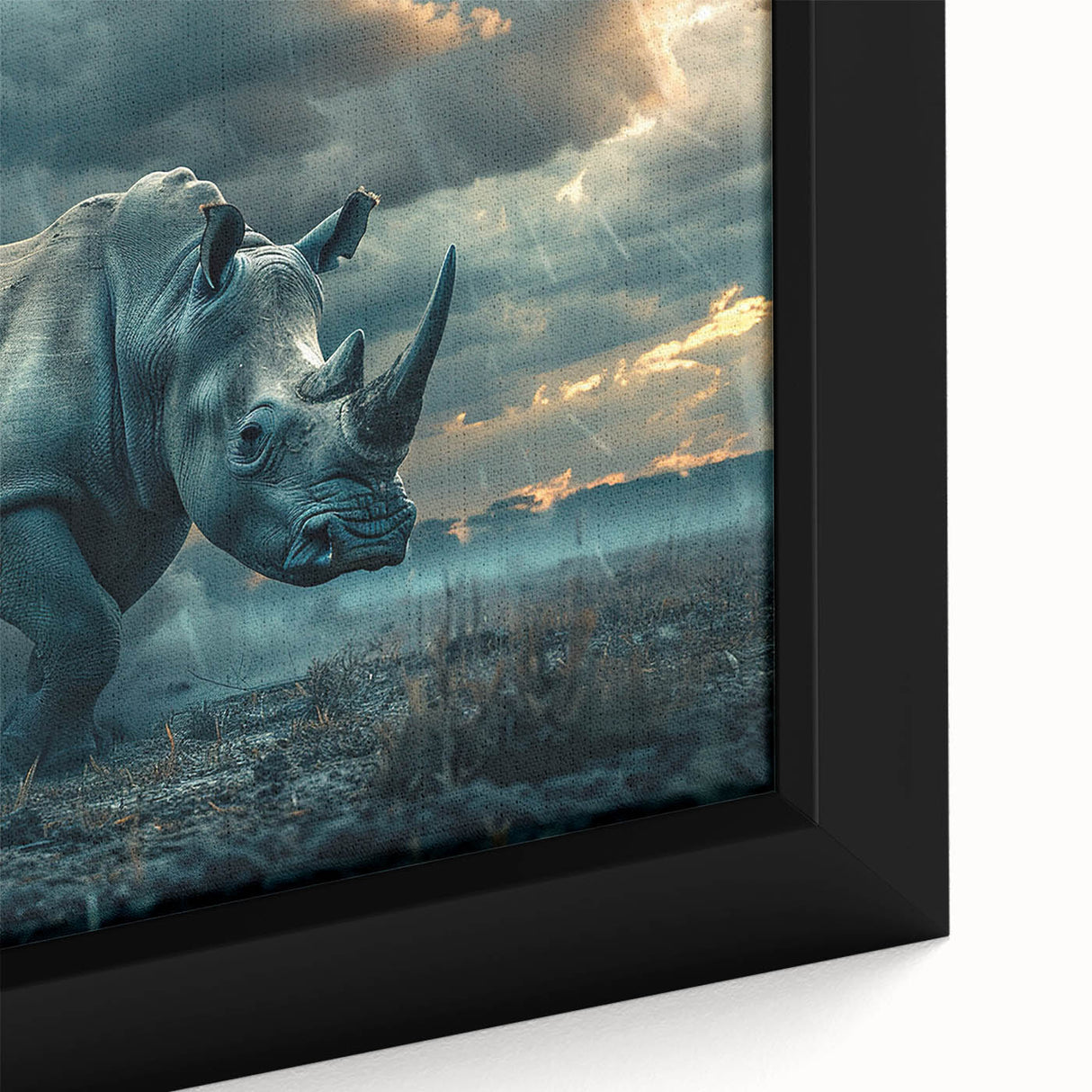 Close-up of a framed canvas wall art featuring a detailed design of a rhinoceros, showcasing its textured skin and natural colors, perfect for wildlife enthusiasts.