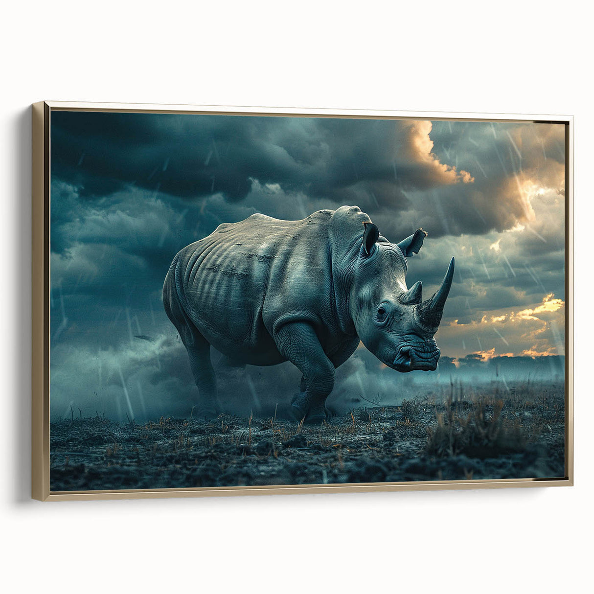 Framed canvas wall art showcasing a side view of a majestic rhinoceros, featuring intricate details and a stunning gold finish, perfect for wildlife enthusiasts.