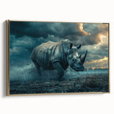 Framed canvas wall art showcasing a side view of a majestic rhinoceros, featuring intricate details and a stunning gold finish, perfect for wildlife enthusiasts.