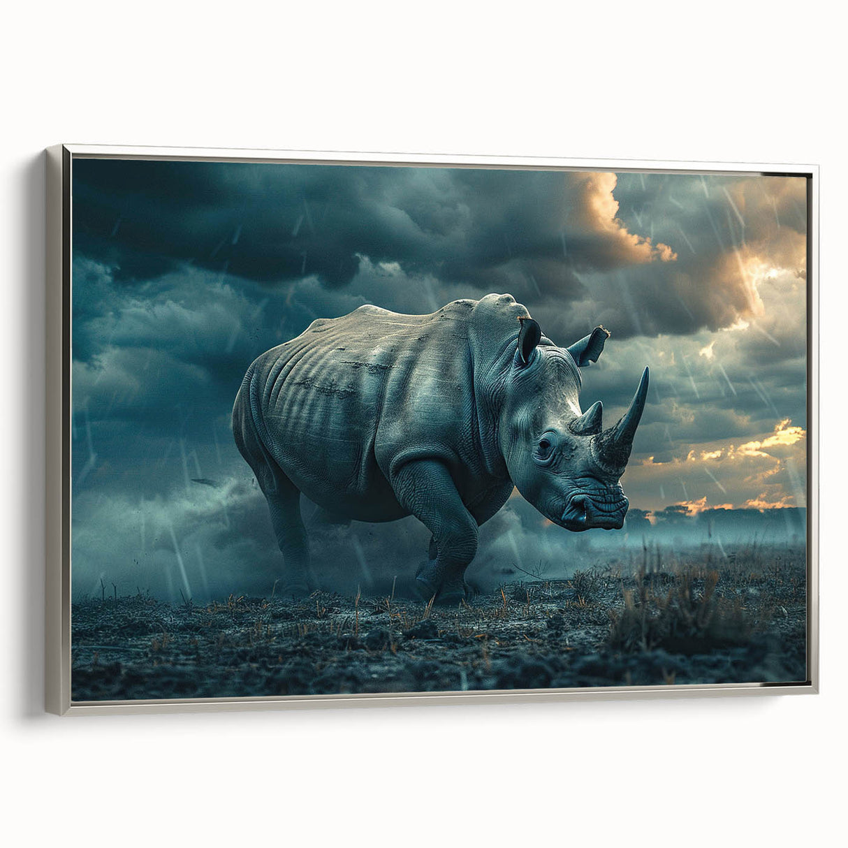 Framed canvas wall art showcasing a silver side view of a rhinoceros, featuring intricate design details, perfect for wildlife enthusiasts and modern decor.