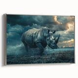 Framed canvas wall art showcasing a silver side view of a rhinoceros, featuring intricate design details, perfect for wildlife enthusiasts and modern decor.