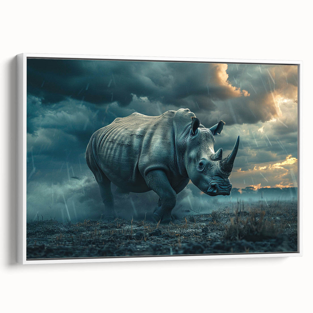 Framed canvas wall art featuring a side view of a rhinoceros, showcasing intricate design details and a white background, perfect for wildlife decor enthusiasts.