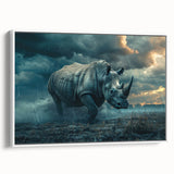 Framed canvas wall art featuring a side view of a rhinoceros, showcasing intricate design details and a white background, perfect for wildlife decor enthusiasts.