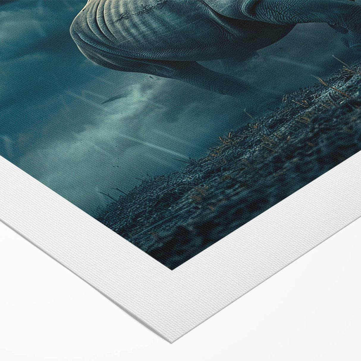 Rolled canvas artwork showcasing a striking rhinoceros design, featuring intricate details and vibrant colors, ideal for adding a touch of wildlife decor to any space.