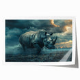 Rhinoceros wall art print showcasing a vibrant, abstract design with earthy tones, perfect for wildlife enthusiasts and modern decor. Ideal for home or office display.
