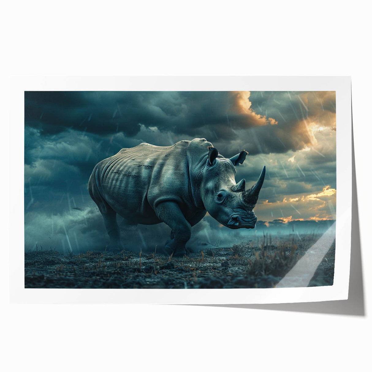 Rhinoceros wall art print showcasing a vibrant, abstract design with earthy tones, perfect for wildlife enthusiasts and modern decor. Ideal for home or office display.