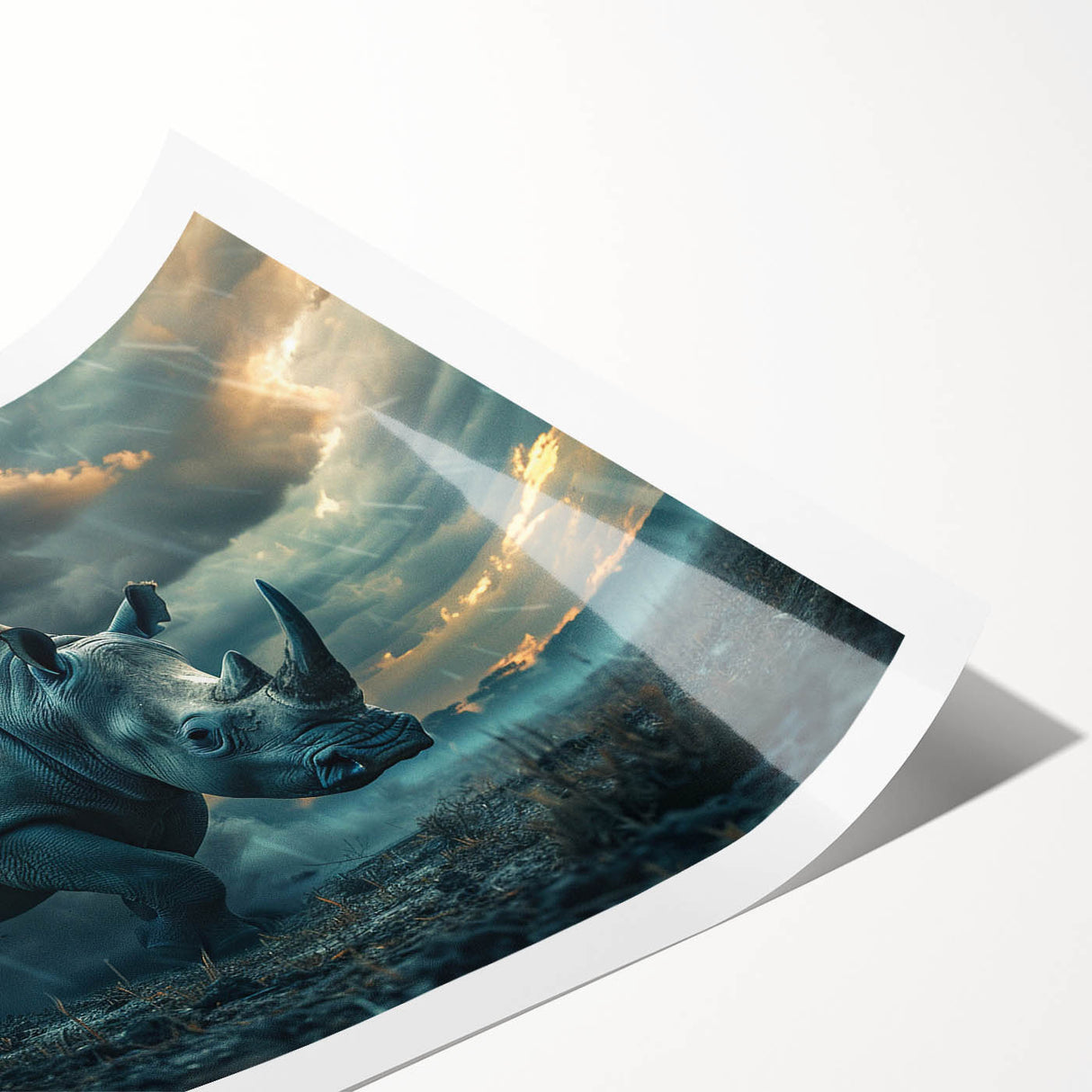 Rhinoceros wall art print showcasing a detailed design of a majestic rhino in a natural setting, rolled in a protective tube, perfect for wildlife enthusiasts.