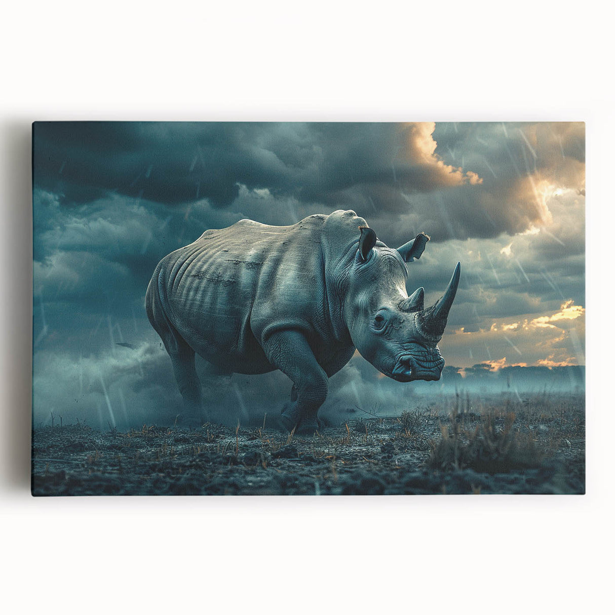 Front view of a stylish stretched canvas wall art featuring a detailed design of a rhinoceros, showcasing its textured skin and vibrant colors, perfect for wildlife enthusiasts.