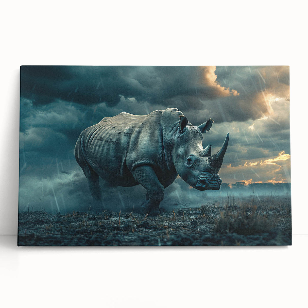 Stretched canvas wall art featuring a vibrant rhinoceros design, showcasing bold colors and intricate details, perfect for wildlife enthusiasts and modern decor.