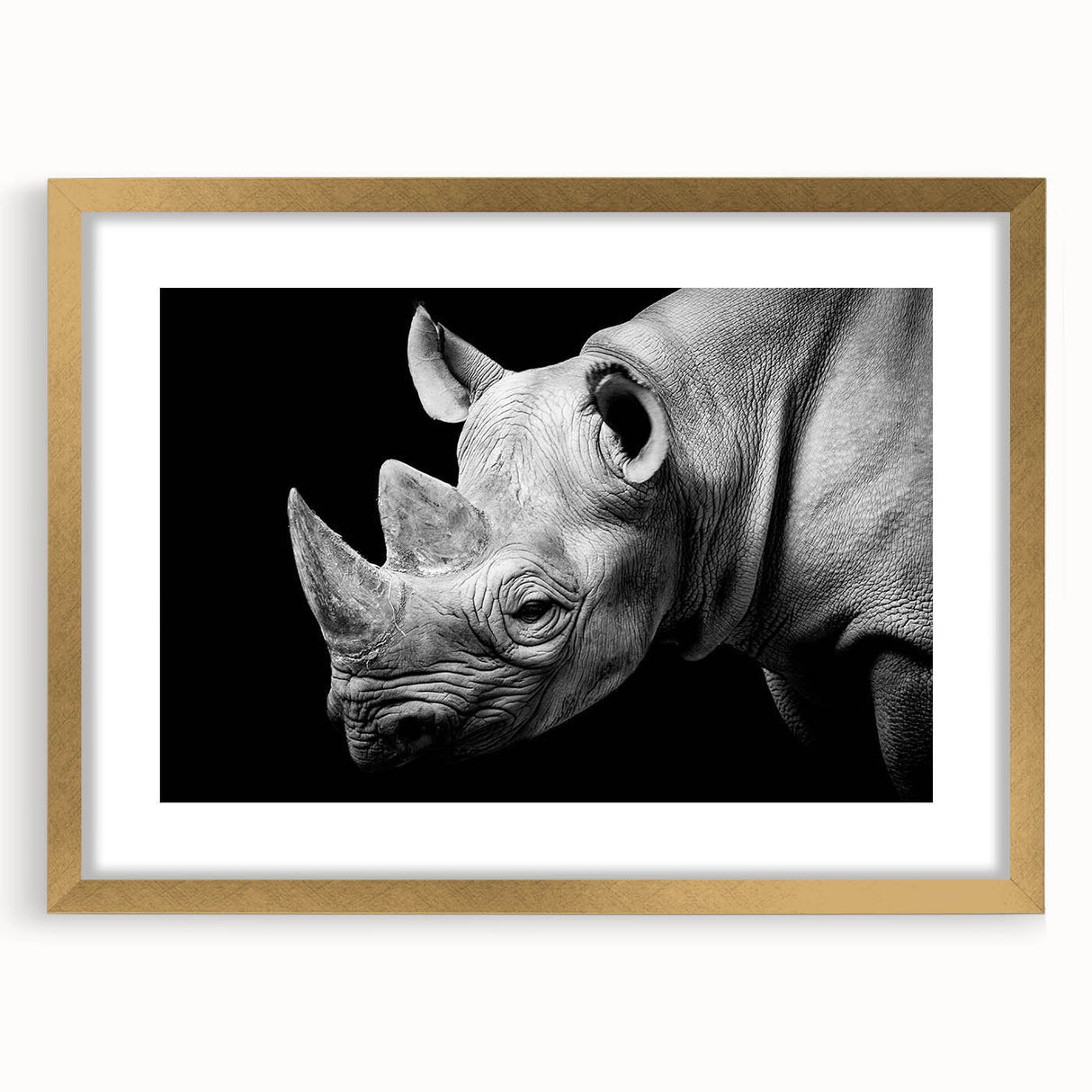 Framed wall art featuring a majestic rhinoceros design in gold, showcasing intricate details and textures, perfect for animal lovers and modern decor enthusiasts.