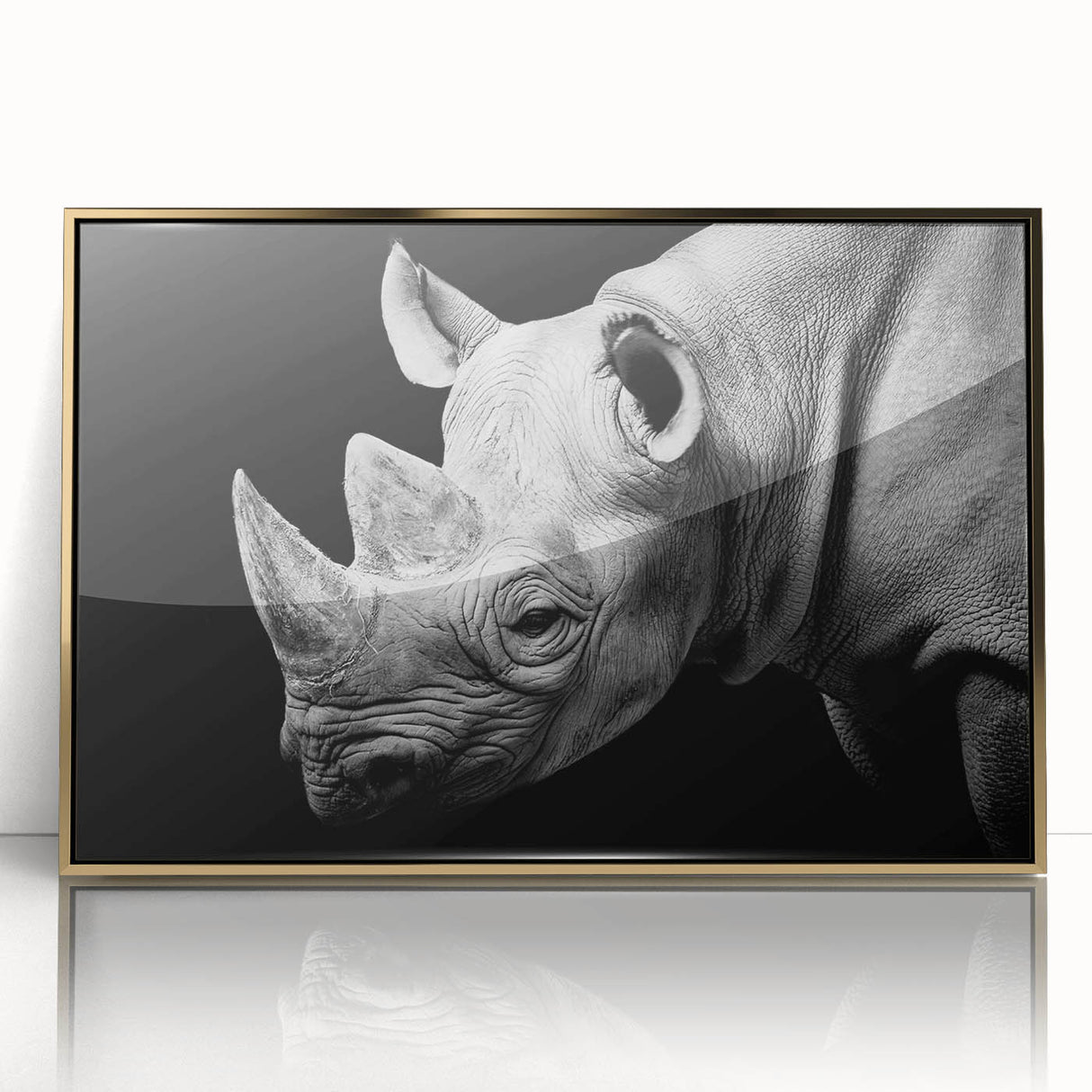 Framed wall art featuring a striking front view of a rhinoceros in a gold-acrylic design, perfect for wildlife enthusiasts and modern decor.