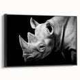 Framed wall art featuring a black side view of a rhinoceros, showcasing intricate design details and vibrant colors, ideal for wildlife enthusiasts' decor.