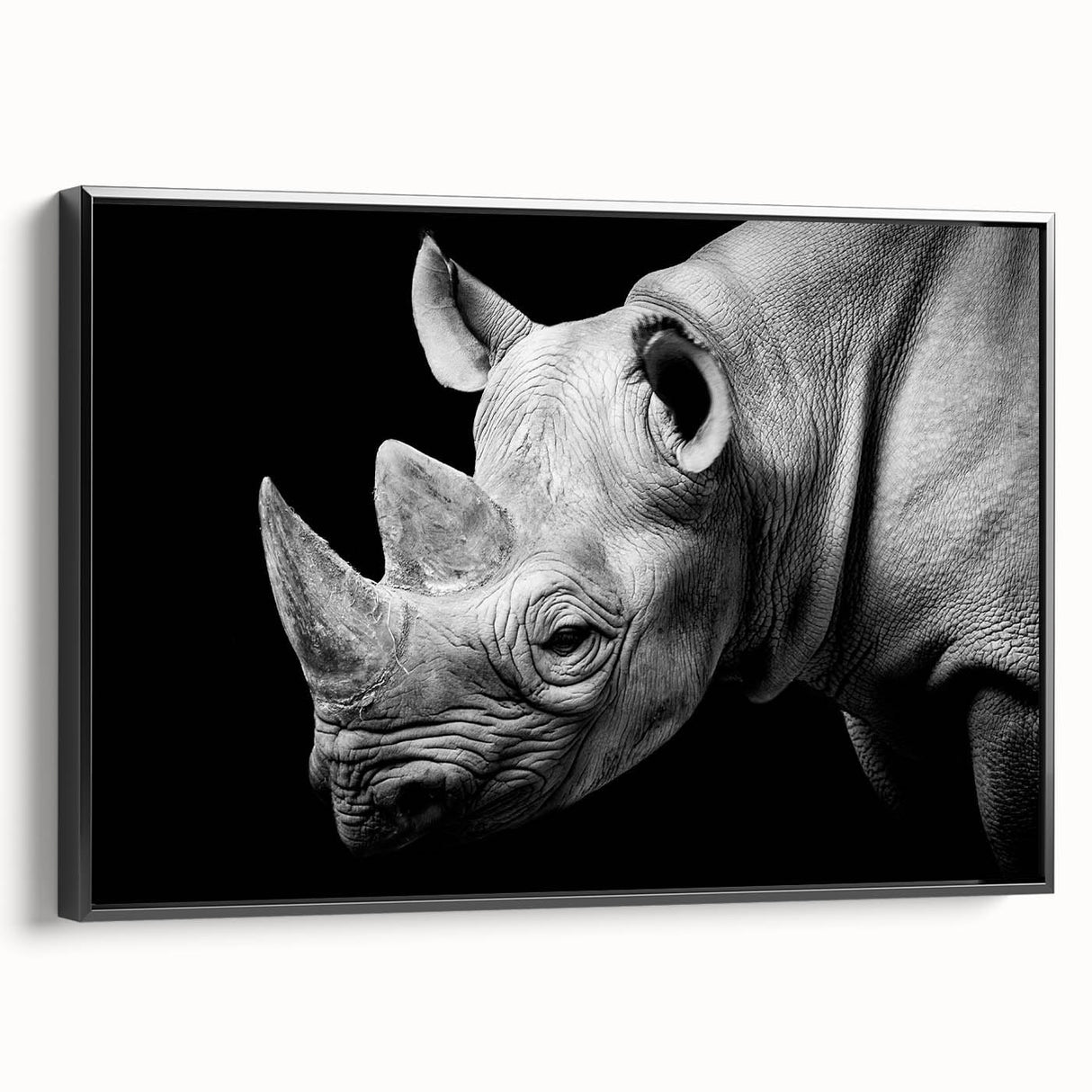 Framed wall art featuring a black side view of a rhinoceros, showcasing intricate design details and vibrant colors, ideal for wildlife enthusiasts' decor.