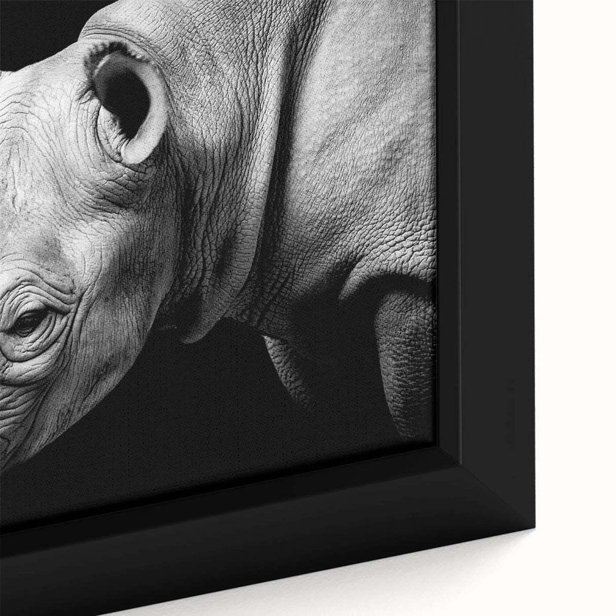 Close-up of a framed canvas wall art featuring a detailed illustration of a rhinoceros in a natural habitat, showcasing rich colors and textures, perfect for wildlife enthusiasts.