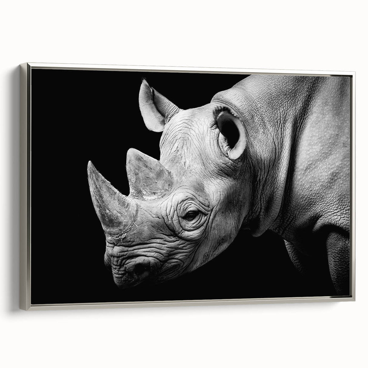 Framed wall art featuring a silver side view of a rhinoceros, showcasing intricate details and textures, perfect for animal lovers and home decor enthusiasts.