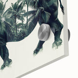 Close-up of a striking rhinoceros wall art design, featuring bold colors and intricate details on acrylic glass, ideal for wildlife enthusiasts and modern decor.