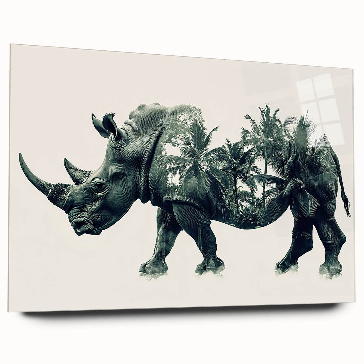 Side view of a sleek acrylic glass wall art piece featuring a detailed rhinoceros design, showcasing vibrant colors and intricate patterns, perfect for wildlife enthusiasts.