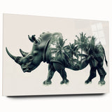 Side view of a sleek acrylic glass wall art piece featuring a detailed rhinoceros design, showcasing vibrant colors and intricate patterns, perfect for wildlife enthusiasts.