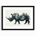 Framed black wall art featuring a detailed rhinoceros design, showcasing intricate patterns and textures, ideal for wildlife enthusiasts and modern decor.
