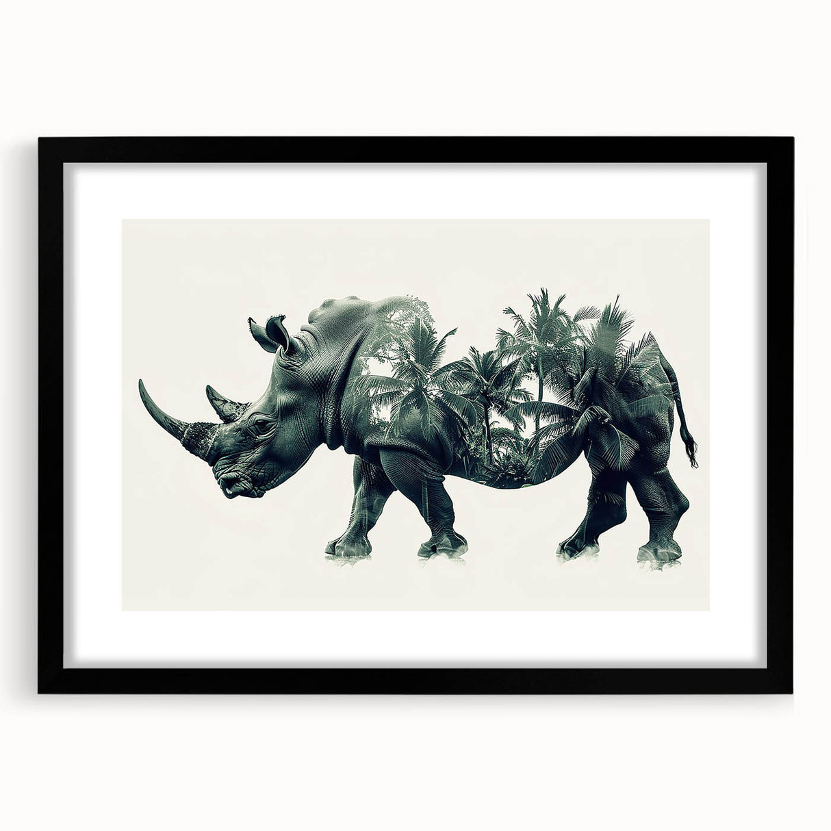 Framed black wall art featuring a detailed rhinoceros design, showcasing intricate patterns and textures, ideal for wildlife enthusiasts and modern decor.