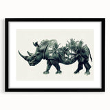 Framed black wall art featuring a detailed rhinoceros design, showcasing intricate patterns and textures, ideal for wildlife enthusiasts and modern decor.