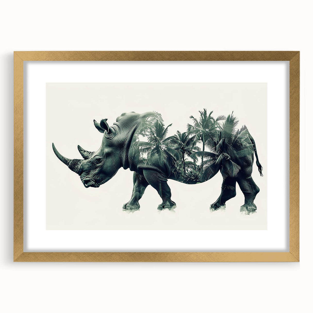 Gold-framed wall art featuring a detailed front view of a rhinoceros design, showcasing intricate patterns and textures, perfect for wildlife-themed decor.