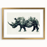 Gold-framed wall art featuring a detailed front view of a rhinoceros design, showcasing intricate patterns and textures, perfect for wildlife-themed decor.