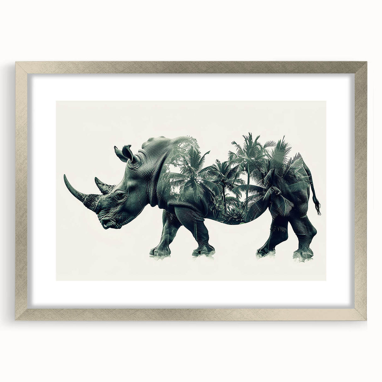 Framed wall art collection featuring a striking silver mat and a detailed design of a rhinoceros, perfect for wildlife enthusiasts and modern decor.