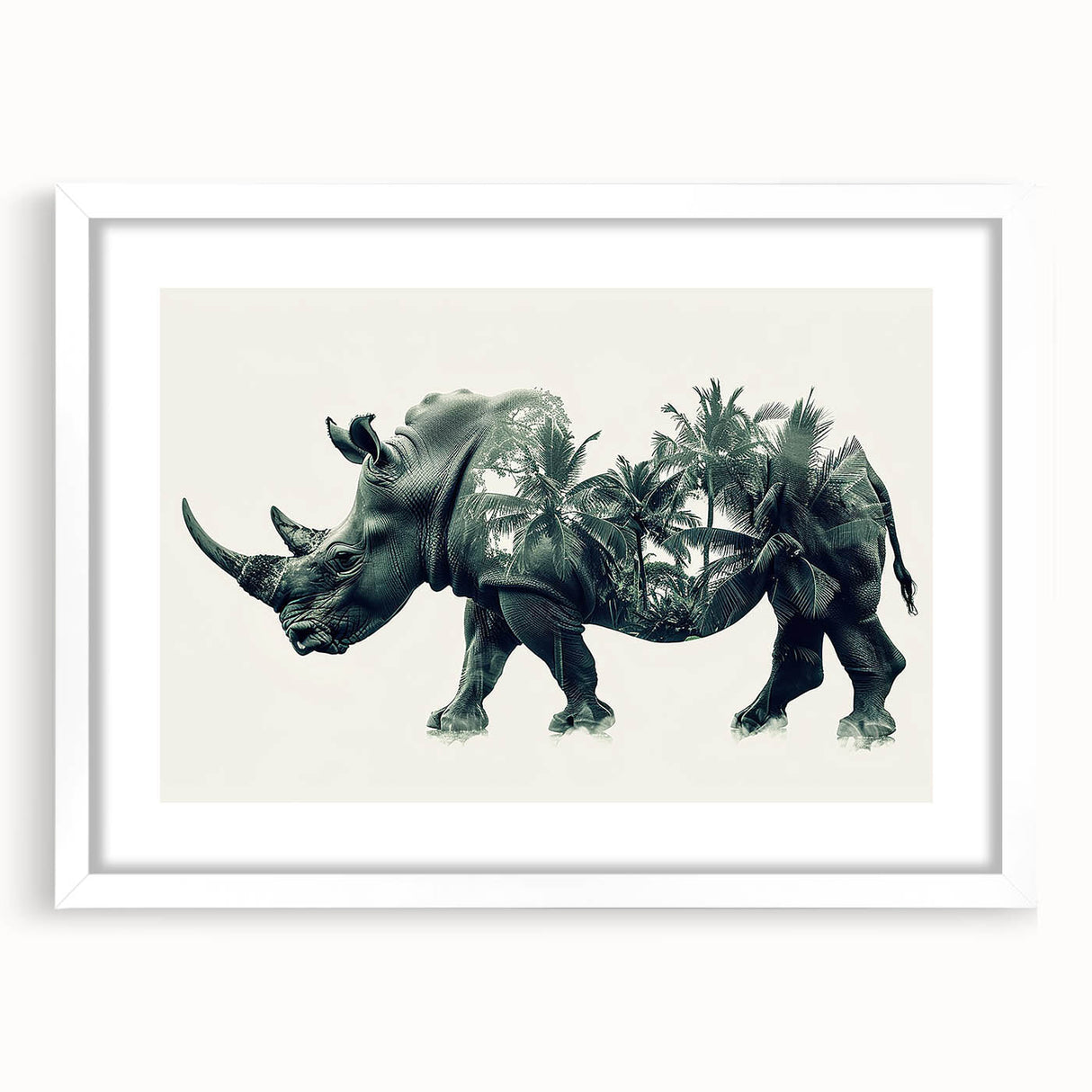 Framed wall art featuring a striking design of a rhinoceros in a natural habitat, with a white mat surrounding the artwork, perfect for wildlife enthusiasts.