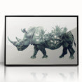 Framed acrylic wall art featuring a striking black front view of a rhinoceros, showcasing intricate design details and vibrant colors, perfect for wildlife enthusiasts.