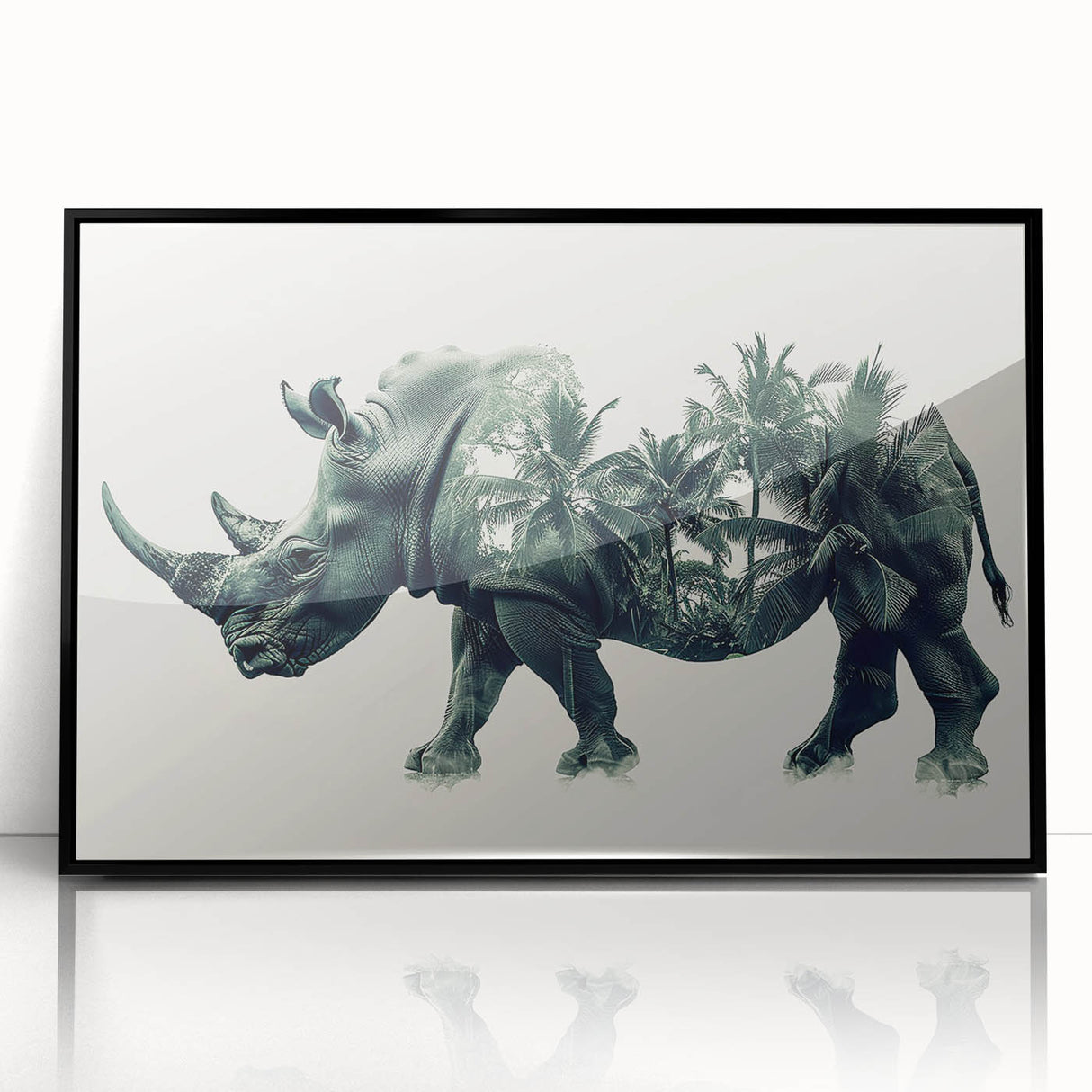 Framed acrylic wall art featuring a striking black front view of a rhinoceros, showcasing intricate design details and vibrant colors, perfect for wildlife enthusiasts.