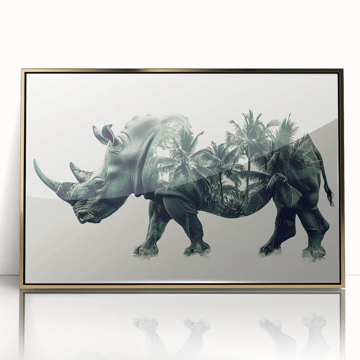 Framed wall art featuring a striking gold-accented rhinoceros design, showcasing intricate details and textures, perfect for wildlife enthusiasts and modern decor.