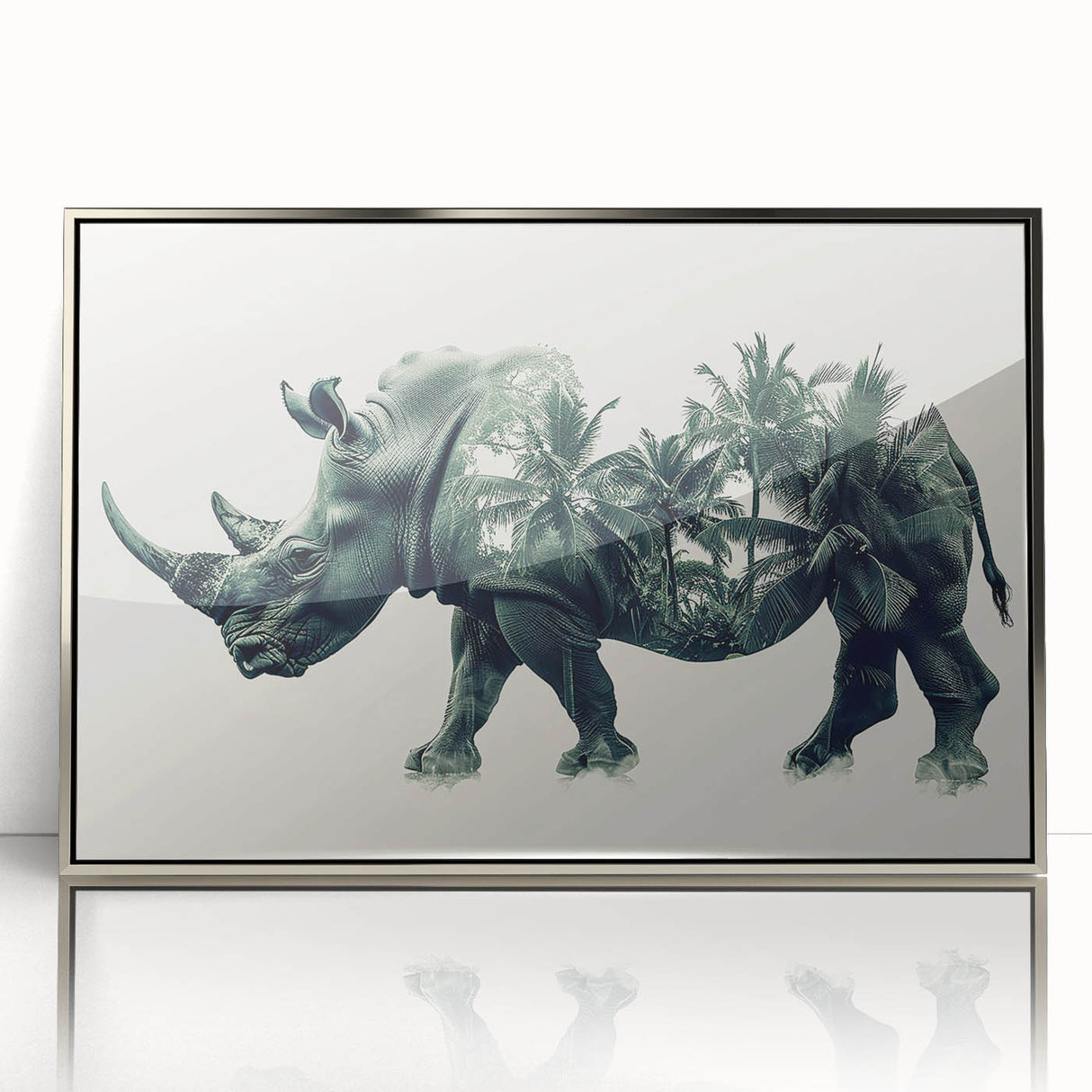 Framed wall art showcasing a striking rhinoceros design in silver acrylic, highlighting the animal's unique features and textures against a minimalist backdrop.