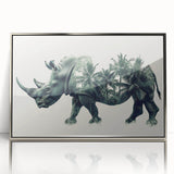Framed wall art showcasing a striking rhinoceros design in silver acrylic, highlighting the animal's unique features and textures against a minimalist backdrop.