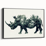 Framed canvas wall art featuring a side view of a majestic rhinoceros, showcasing intricate details and a sleek black background, perfect for wildlife decor enthusiasts.