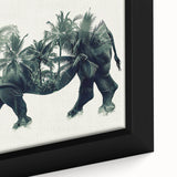 Close-up of a framed canvas wall art showcasing a detailed design of a rhinoceros, featuring vibrant colors and intricate textures, perfect for wildlife enthusiasts.