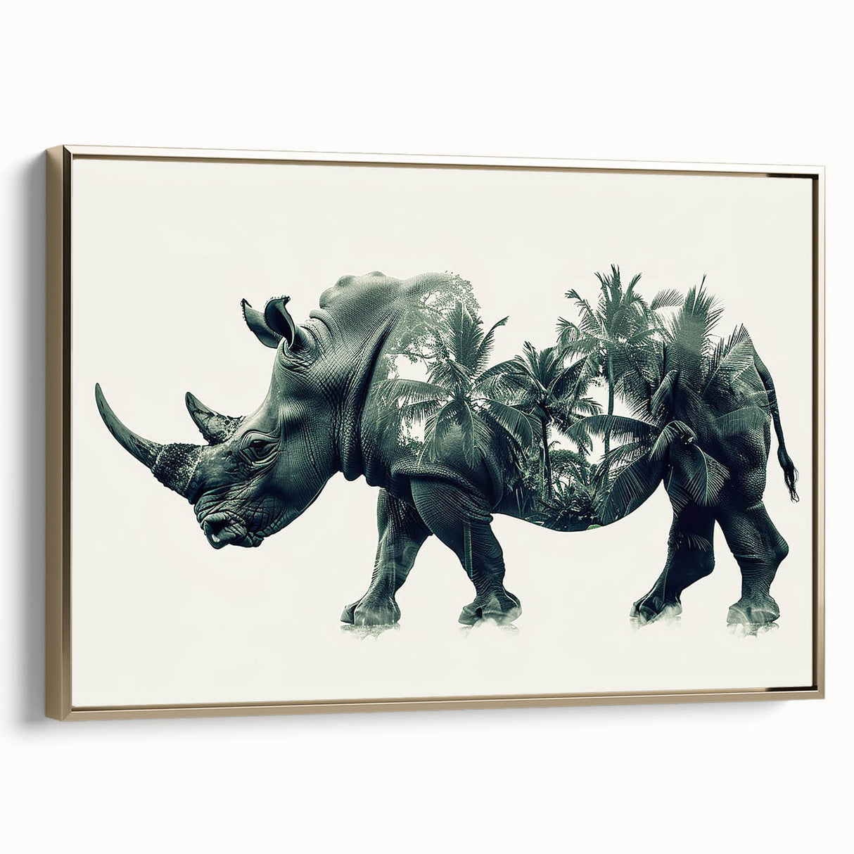 Framed canvas wall art depicting a side view of a rhinoceros in a gold and earthy color palette. Ideal for wildlife enthusiasts, this piece adds a touch of elegance to any decor.