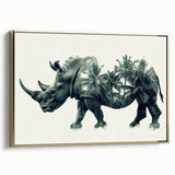 Framed canvas wall art depicting a side view of a rhinoceros in a gold and earthy color palette. Ideal for wildlife enthusiasts, this piece adds a touch of elegance to any decor.