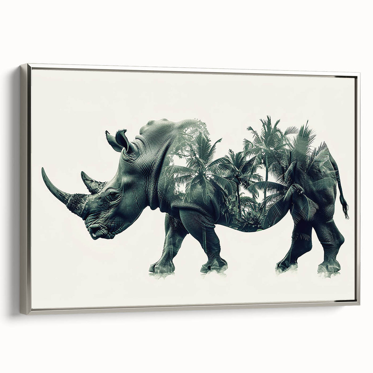 Framed canvas wall art depicting a silver side view of a rhinoceros, showcasing intricate details and textures in a modern wildlife design, perfect for animal lovers.