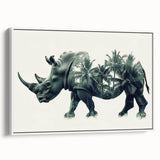 Framed canvas wall art featuring a side view of a rhinoceros in a minimalist design, showcasing earthy tones and intricate textures, perfect for wildlife enthusiasts.