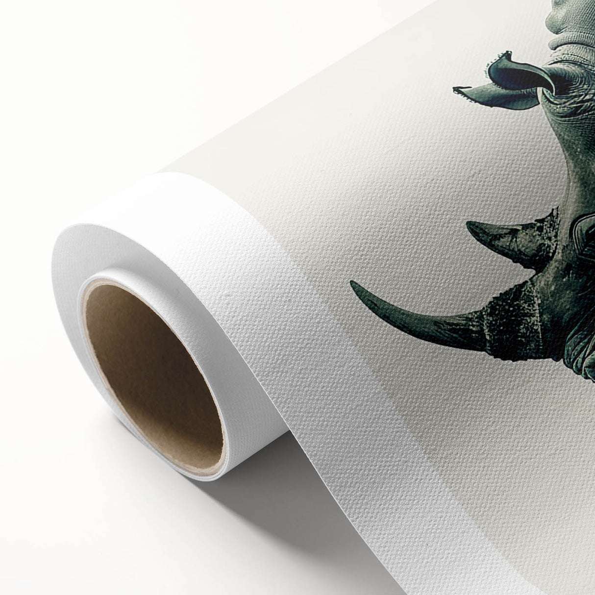 Rhinoceros wall art design on rolled canvas, showcasing vibrant colors and intricate details, ideal for wildlife enthusiasts and home decor accents.